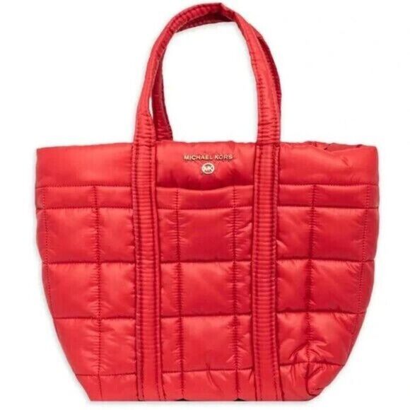 MICHAEL KORS Stirling quilted recycled nylon puffy SMALL tote bag RED $258 - Picture 1 of 5